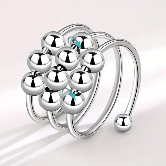 Boho Spiral Fidget and Anxiety Ring Floating Silver Tone Balls Adjustable #1362 - Picture 7 of 8